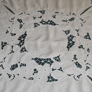 Antique lace tablecloth monogram French chateau shabby chic handmade linen bourgeoise home table art romantic precious heirloom