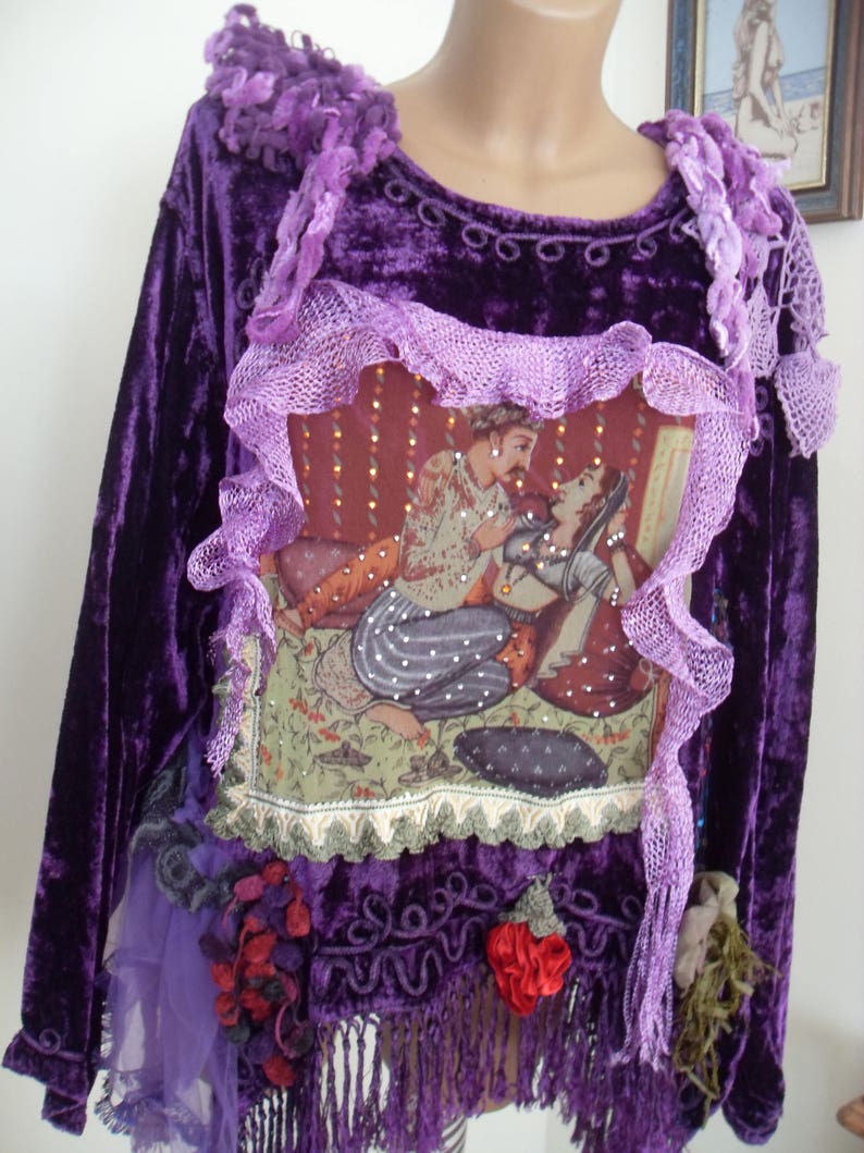 Unique Art To Wear Beautiful purple tunic tales without end Scheherazade of 1001 Nights Fairy Boho Hippie , doilies crochet, silk flowers image 4