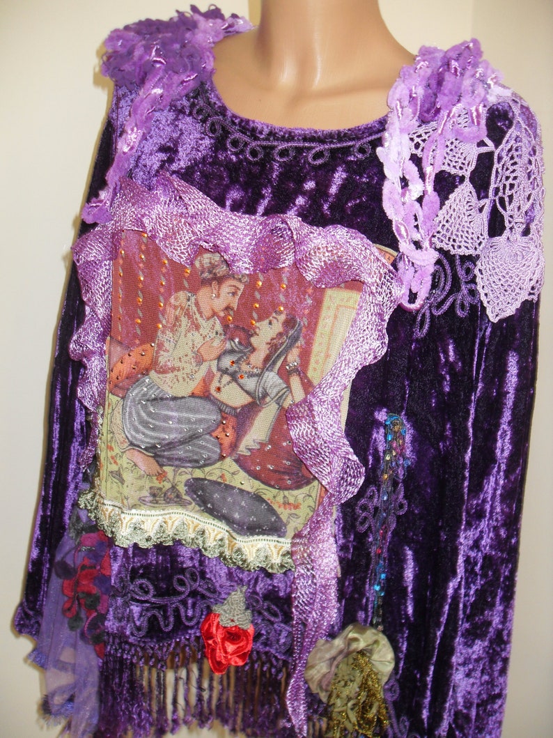 Unique Art To Wear Beautiful purple tunic tales without end Scheherazade of 1001 Nights Fairy Boho Hippie , doilies crochet, silk flowers image 2