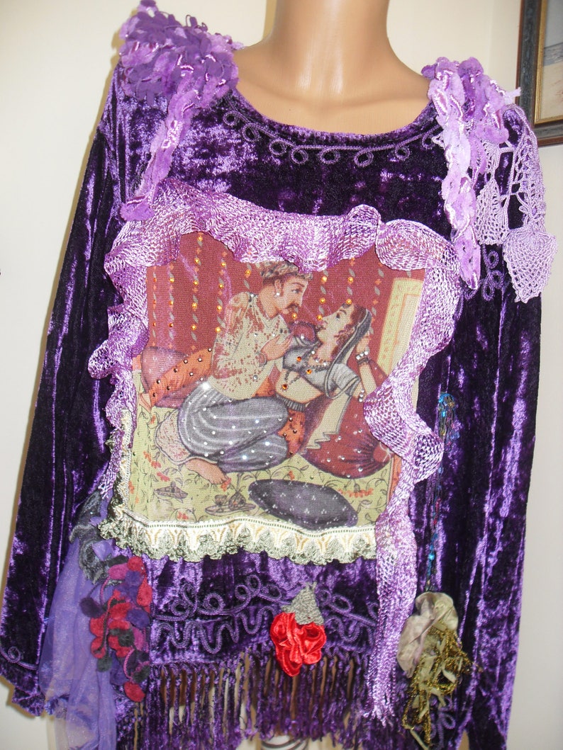 Unique Art To Wear Beautiful purple tunic tales without end Scheherazade of 1001 Nights Fairy Boho Hippie , doilies crochet, silk flowers image 5