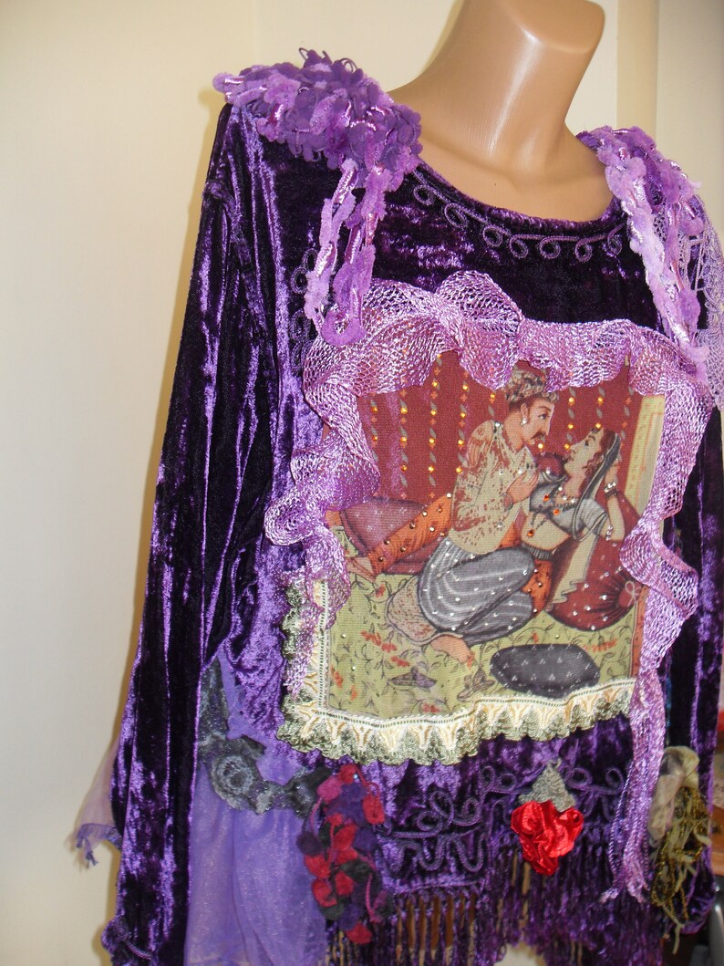 Unique Art To Wear Beautiful purple tunic tales without end Scheherazade of 1001 Nights Fairy Boho Hippie , doilies crochet, silk flowers image 8