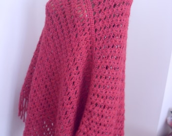 Wool poncho, raspberry red, crochet,one size