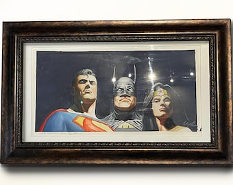 Pintura de Alex Ross sobre papel - Arte de DC Comics - Pintura de la Liga de la Justicia - Pintura de Superman - Pintura de Batman