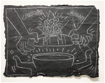 LARGE  Keith Haring drawing on black paper - Tokyo Pop Shop - NYC Subway
