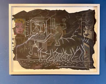 Dibujo de Keith Haring sobre papel negro - Metro de Nueva York - rasgado, incompleto