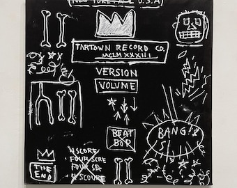 Jean-Michel Basquiat pintando sobre lienzo, Pintura de grafiti