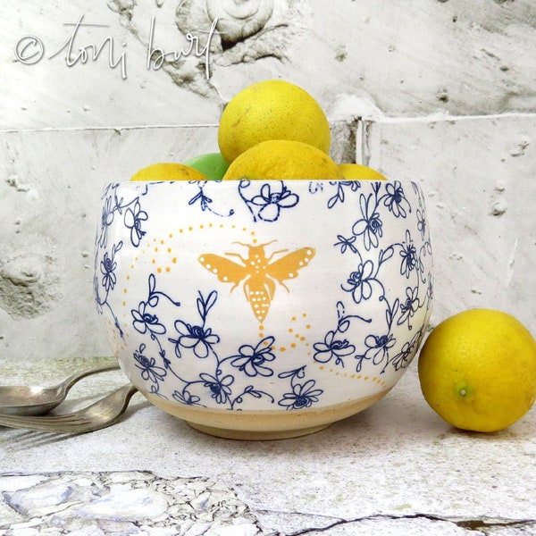 honey bee ceramic bowl - handmade pottery - of the earth - kitchen farmhouse botanical - floral pattern snack serving fruit blue rustic bowl