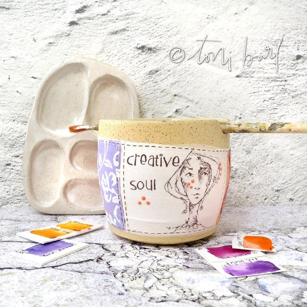 artist ceramic palette and brush jar for watercolours - creative soul series - ceramic paint palette - unique artist gift - art tools