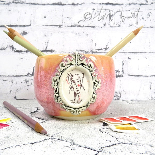 unique small ceramic bowl with girl - handmade pottery - she let her light shine series - original - trinket, snack, jewelry, sister, friend