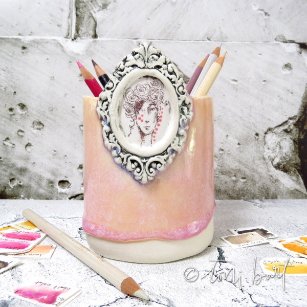 unique ceramic jar with girl in frame - handmade pottery - she let her light shine series - pencil jar, pens, brushes, vase, bridal, wedding