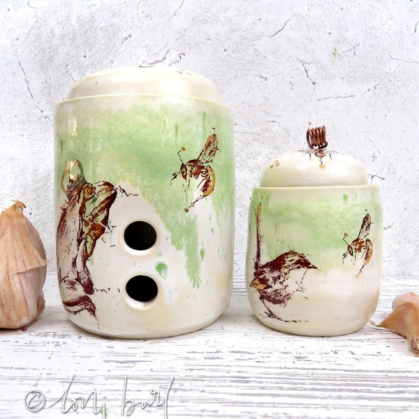 frog, wren & bee garlic keeper and salt cellar set - garlic cellar pot storage -  live for the little things - botanical canister 22ct gold