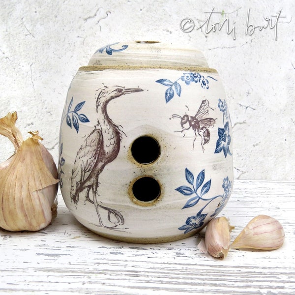 heron and bee garlic keeper - handmade pottery - garlic cellar pot storage -  everything is love, quote - blue floral - botanical rabbit