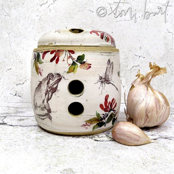 frog & dragonfly garlic keeper - handmade pottery - garlic cellar pot storage -  look upon your wings, quote - honeysuckle, botanical rabbit