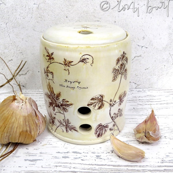 botanical garlic keeper - garlic pot cellar handmade pottery, foodie gift -  herbal herbs Wild rose, Bryony, Red Archangel, Golden Starwort