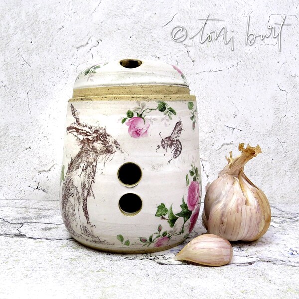 hare & bee garlic keeper - handmade pottery - garlic cellar pot storage -  the moment was enough, quote - pink rose ivy -botanical rabbit