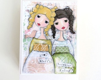 two girls friendship card, two heart's together always quote - by Toni Burt - sister card, best friend card, birthday, daughter, twins