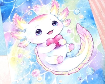 Rainbow Axolotl Print: Kawaii Heart, Bubbly Lagoon (A6/A5)