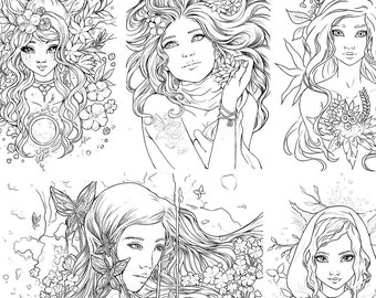 PDF DIGITAL Coloring book  Natural Enchantment adult colouring book 20 fantasy fairies spring elves pretty woman coloring pages by sakuems