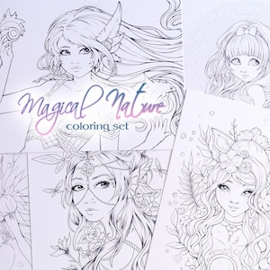 Adult Coloring postcards SET A5/6x8" thick cardstock pages with fantasy romantic magical characters by Sakuems