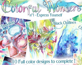 PDF Reversed Coloring book Colorful Wonders Express yourself 10 abstract background doodling patterns black white gold ink by Sakuems