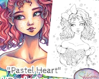 Digital coloring page Young magical girl romantic portrait pastel cottage soft design by Sakuems