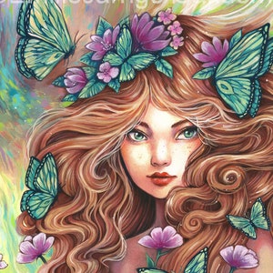 PRINT &quot;Forest Spirit&quot; beautiful woman portrait spring flowers and butterflies fall vibe colorful art by Sakuems