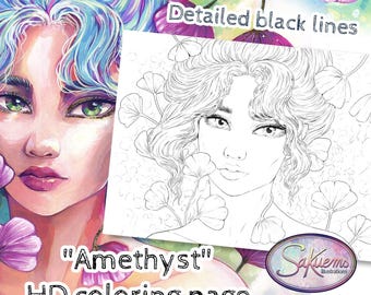 Amethyst Woman Floral Portrait Coloring Page (Digital Download)