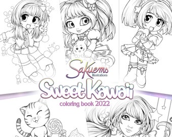 PDF DIGITAL Sweet Kawaii adult COLORING book beautiful manga cute chibi animal fantasy characters 20 artworks coloring pages by sakuems