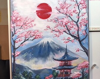 Japanese Landscape Scroll: Mt Fuji, Temple, Cherry Blossoms