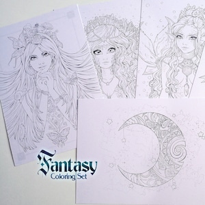 FANTASY coloring SET A5/6x8" thick cardstock pages with fantasy magical characters by Sakuems