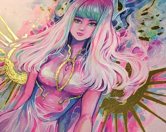 ORIGINAL Fantasy angel magical girl character design with gouache and gold accents, rainbow color anime artwork by Sakuems