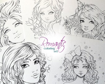 ROMANTIC coloring SET A5/6x8" thick cardstock pages with romantic magical characters by Sakuems