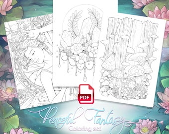 PDF DIGITAL Peaceful Fantasy coloring set with 15 beautiful magical characters, meditation, zen, mandalas, nature and landscapes by Sakuems
