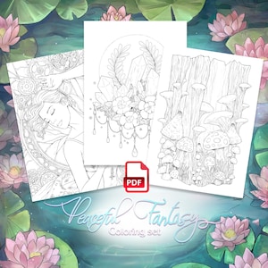 PDF DIGITAL Peaceful Fantasy coloring set with 15 beautiful magical characters, meditation, zen, mandalas, nature and landscapes by Sakuems image 1