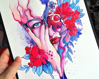 ORIGINAL fantasy graphic painting edgy portrait mesmerized woman and red flowers watercolor art By Sakuems