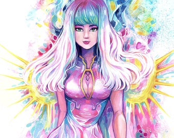 PRINT "Noah" Fantasy angel magical girl final fantasy character design gold wings rainbow art by Sakuems