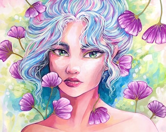PRINT "Amethyst" woman portrait with purple flowers romantic colourful art with gold accents by Sakuems