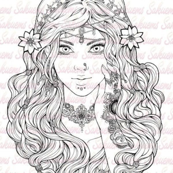 DIGITAL coloring page Beautiful gypsy portrait. Esmeralda / Arabic woman, flowers, baroque design, cardmaking adult coloring by sakuems