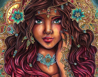 Art PRINT Papier photo The Seer - Beau portrait gitan motif indien, turquoise, design or, fleurs, fond baroque par sakuems