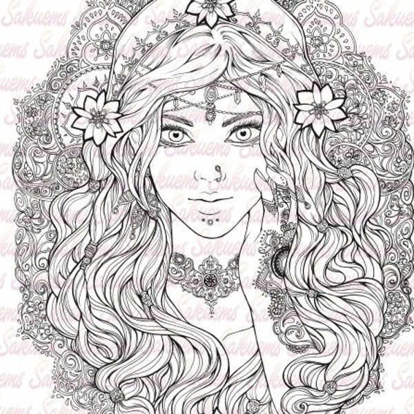 DIGITAL coloring page Beautiful gypsy portrait. Esmeralda / Indian / Arabic pattern, flowers, baroque design adult coloring by sakuems