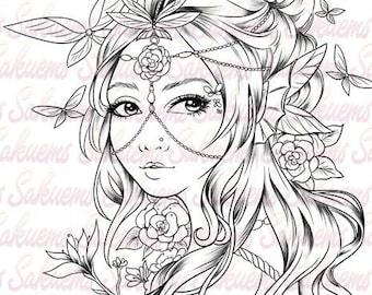 Digital coloring page Fantasy portrait elf princess - blank image/stamp art by sakuems