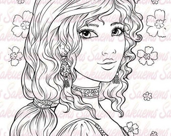 Digital stamp Fantasy portrait princess - blank image to color line art by sakuems