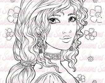 Digital stamp Fantasy portrait princess - blank image to color line art by sakuems