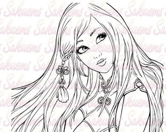 Digital stamp Fantasy portrait chinese princess - blank image to color line art by sakuems