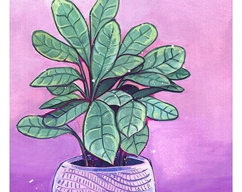 PRINT Cute Cthenanthe/Maranta Green happy plant in graphic pot and purple background by Sakuems