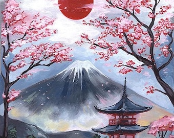 Japanese Landscape Art Print: Mount Fuji, Temple, Cherry Blossoms