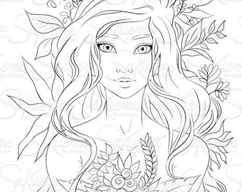 Fantasy Woman Coloring Page | Mother Earth Flowers Portrait (Digital Stamp)