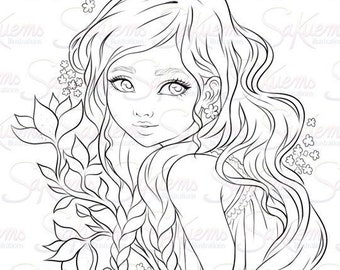 Digital Stamp line art coloring page beautiful fantasy nature woman inspired romantic portrait flowers portrait by Sakuems