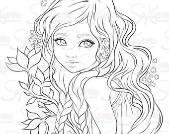 Fantasy Woman Portrait Digital Stamp, Flowers Line Art (JPG)