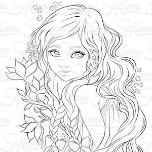 Digital Stamp line art coloring page beautiful fantasy nature woman inspired romantic portrait flowers portrait by Sakuems